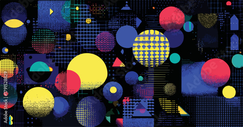 Abstrato vetor com formas geométricas coloridas e padrões digitais em fundo escuro