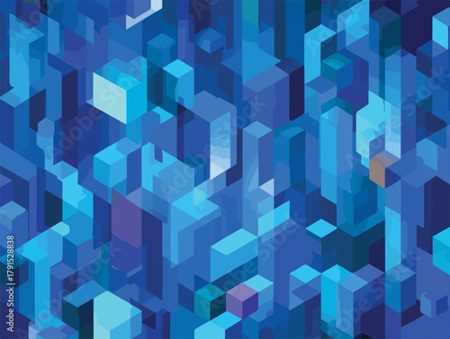 Padrão abstrato de blocos azuis geométricos em perspectiva isométrica, arte vetorial moderna.
