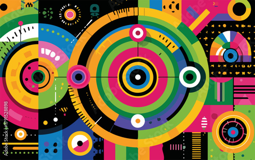 Abstrato vetor com círculos concêntricos coloridos, formas geométricas e elementos gráficos modernos.