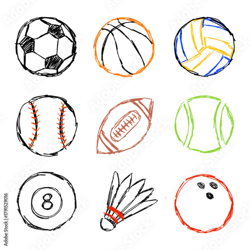 Set Sport Ball Sketch Vector Ideal for sports, fitness, hobby, and athletic themes requiring a hand-drawn, energetic illustration style.