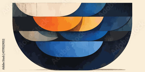 Abstrato geométrico com formas semicirculares em tons de azul, laranja e bege, evocando movimento e equilíbrio.