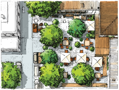 Vista aérea de um projeto de paisagismo urbano com mesas, cadeiras, árvores e guarda-sóis em um pátio.