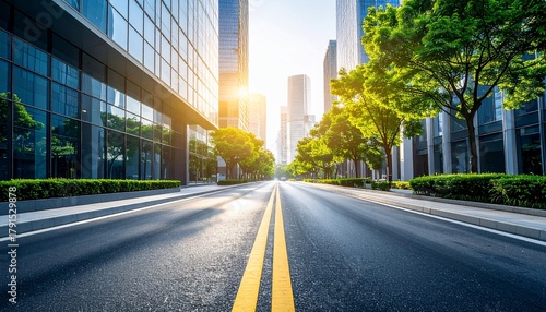 Empty road in modern city with sunny day with skyscrapers and green trees in background.