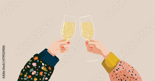 Duas mãos brindam com taças de champanhe em celebração festiva com fundo neutro.