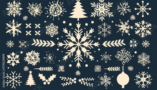 Coleção vetorial de flocos de neve, árvores de Natal e enfeites festivos em fundo escuro.