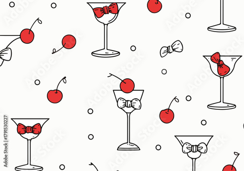 Padrão de vetor de coquetéis com cerejas e laços, fundo branco com bolinhas pretas.