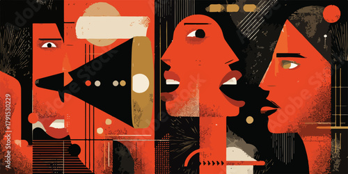 Ilustração vetorial abstrata de pessoas falando através de um megafone, comunicação e debate