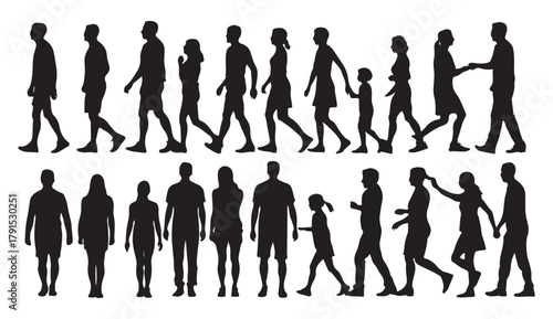  Diverse group of people walking and interacting in silhouette against a white background
