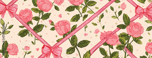 Padrão floral vintage com rosas cor-de-rosa e laços de fita, ilustração vetorial em aquarela