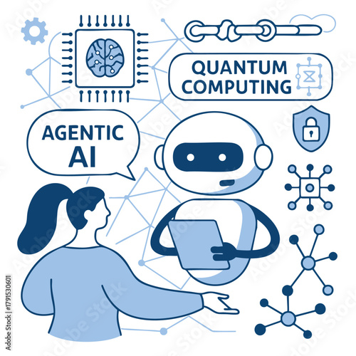 Isolated illustration of layered quantum computing and agentic AI concept separated by