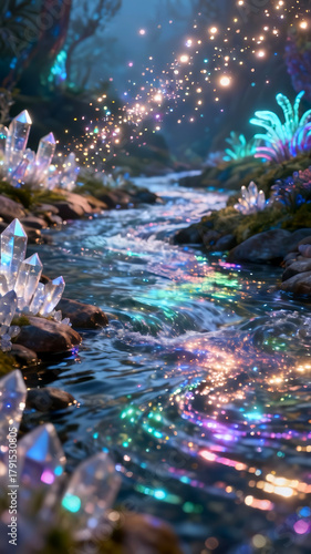 Abstract Fantasy colorful crystal river with sparkling light in a magical forest at dusk