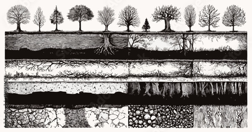 Ilustração vetorial em preto e branco de diferentes árvores e suas camadas de solo e raízes