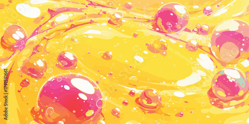 Ilustração vetorial abstrata de bolhas vibrantes em líquido amarelo com reflexos e sombras.