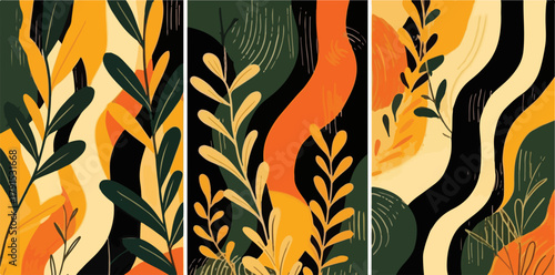 Ilustração vetorial moderna com formas abstratas e folhas botânicas em tons terrosos e vibrantes.