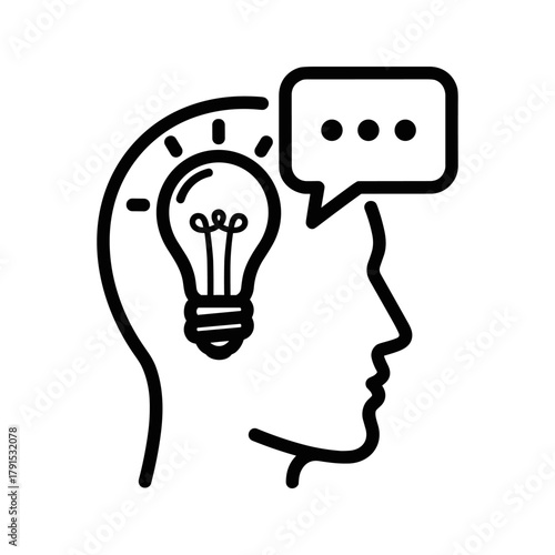 Human head profile with a light bulb and speech bubble inside, symbolizing idea and communication