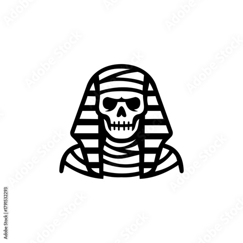 Black outline illustration of a skull wearing an ancient Egyptian pharaoh headdress