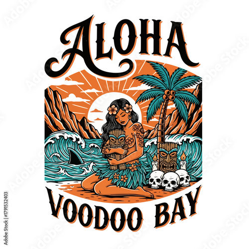 Tropical Aloha Voodoo Bay design with beach sunset, tiki, and island vibes for summer getaway
