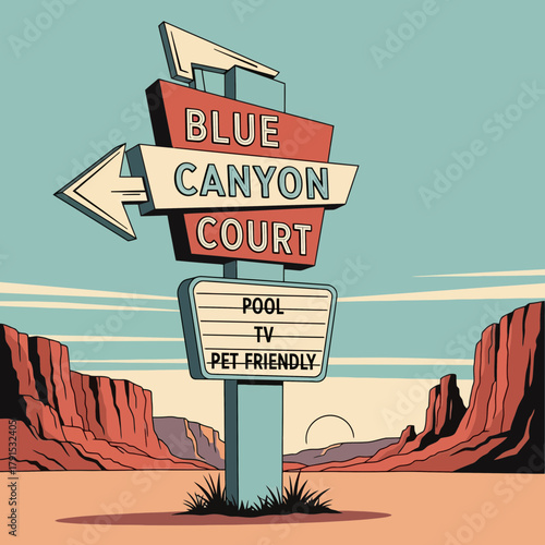 Retro Blue Canyon Court motel sign beckons travelers to pool, TV, & pet friendly lodging