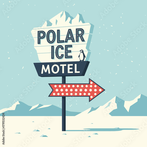 Quirky retro motel sign in a snowy landscape with a penguin, inviting winter getaway adventure