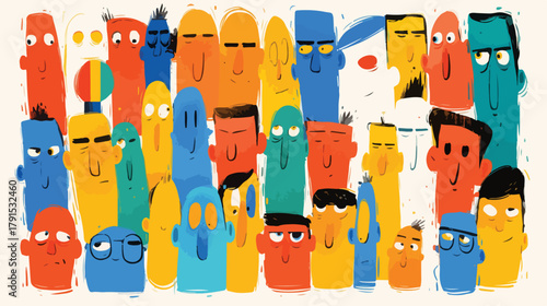 Vetor de personagens abstratos e coloridos, estilo cartoon, expressando diversas emoções e personalidades.