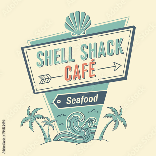 Retro beach seafood cafe sign with ocean waves and palm trees, perfect for restaurant ads