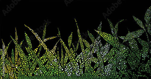 Ilustração vetorial abstrata de grama verde e folhas com fundo preto, design moderno e orgânico.