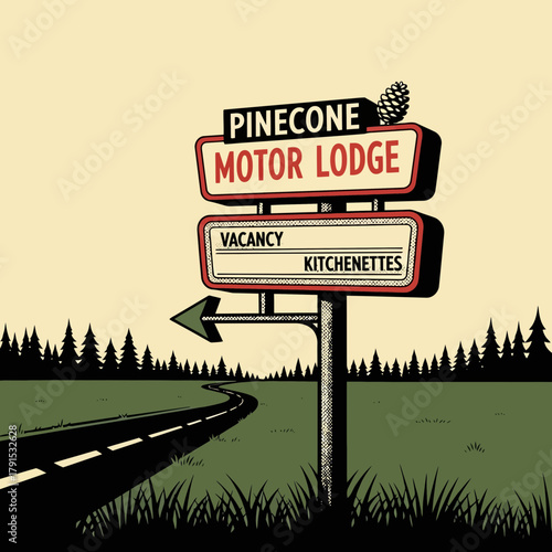 Vintage Pinecone Motor Lodge sign beckons travelers with vacancy and kitchenettes, retro travel charm