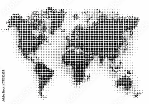 Mapa mundi em vetor com pontos em preto e branco, representando a Terra e a globalização.