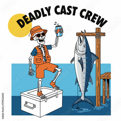Humorous skeleton fisherman celebrates his catch with a drink after a successful day fishing