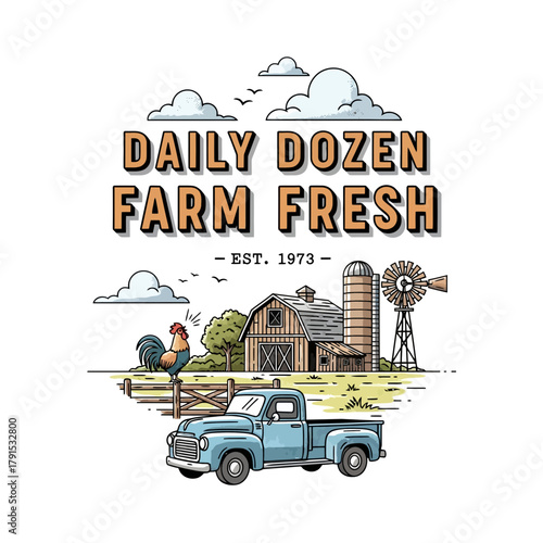 Vintage farm scene with rooster, truck, barn, silo, and windmill evokes country charm and freshness.
