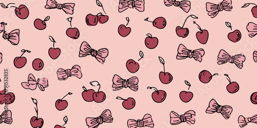 Padrão de vetor de cerejas e laços desenhados à mão em fundo rosa claro, estilo doodle.