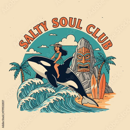 Ride the waves with a killer whale and tiki vibe for your ultimate beach adventure