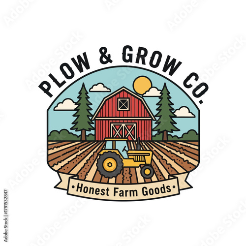 Vibrant farm scene with tractor and barn, perfect for agriculture branding and rural themes.