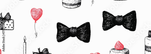 Padrão sem costura com elementos desenhados à mão: laços, balões, presentes e velas para festas.