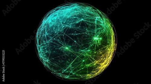 Abstract sphere of interconnected lines, vibrant colors, digital network