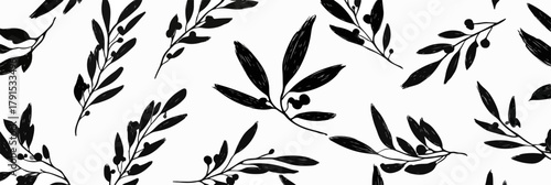 Padrão de vetor de ramos de oliveira pretos e brancos com folhas e azeitonas para design