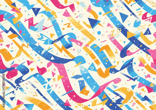 Padrão abstrato vibrante com formas geométricas coloridas e linhas dinâmicas em vetor, ideal para design gráfico moderno.