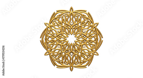 Shiny Gold Metallic Geometric Ornamental Knot Mandala isolated on White Background