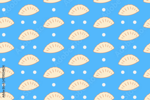 Gyoza dumpling colorful illustration pattern on blue background set for restaurant. Japanese gyoza cartoon vector pattern background for culinary. Chinese dumpling doodle isolated motif for cafeteria