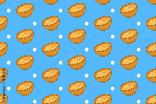 Udon noodle bowl colorful illustration pattern on blue background set for restaurant. Japanese noodle soup cartoon vector pattern background for culinary. Asian noodle cuisine doodle isolated motif