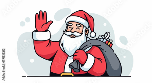 Cartoon Santa Claus waving hello with a sack of Christmas gifts.