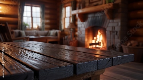 Warm log cabin living room: fireplace glow & rustic tabletop