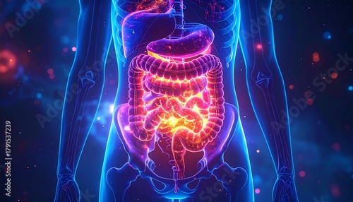 Fototapeta Naklejka Na Ścianę i Meble -  Human Digestive System Anatomy Illustration with Glowing, 3D Render, and Medical Background.