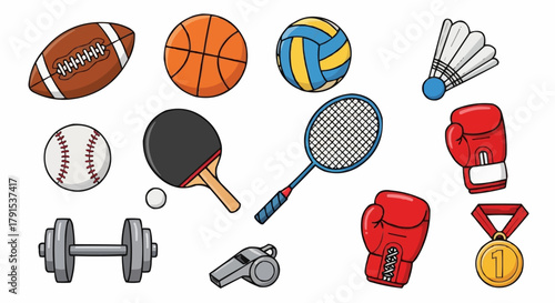 Collection of Various Sports Equipment Illustrations in Cartoon Style.