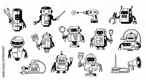 A Diverse Set of Black and White Robot Character Illustrations.