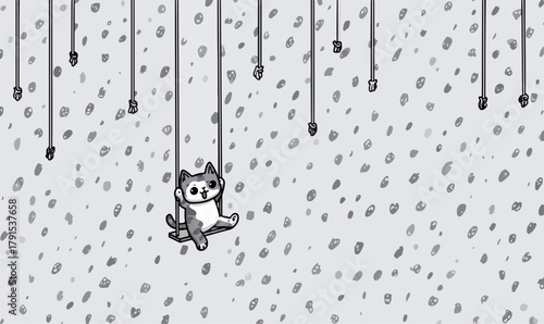 Gato de desenho animado pendurado em um fio contra um fundo pontilhado em preto e branco, arte vetorial.