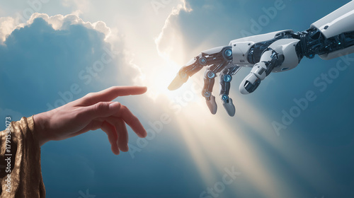 The outstretched hand of God trying to touch the hand of a robot, concept of Creation and Artificial Intelligence