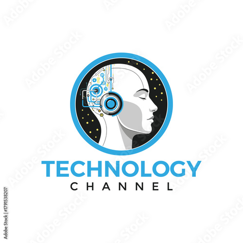 Modern technology channel logo with human head and circuit inside circle