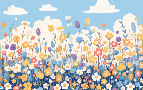 Campo de flores silvestres vibrantes sob um céu azul com nuvens brancas e fofas, ilustração vetorial