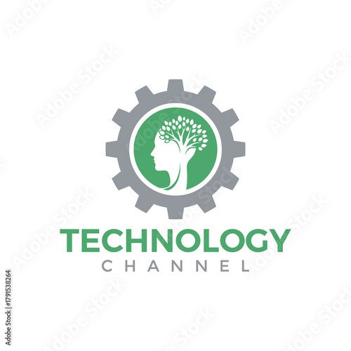 Green technology channel logo with human head and tree inside gear